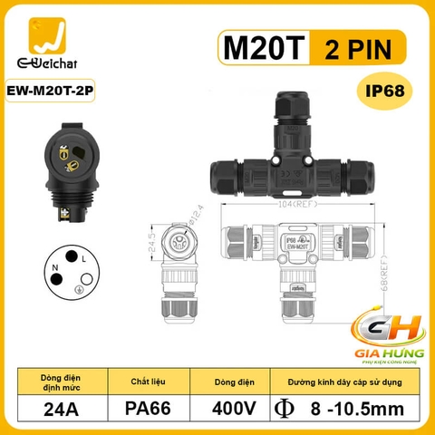 Đầu Cút Nối Chia Dây Điện Chữ T Chống Nước IP68 2,3,4 lõi Eweichat EW-M20T Ø10mm