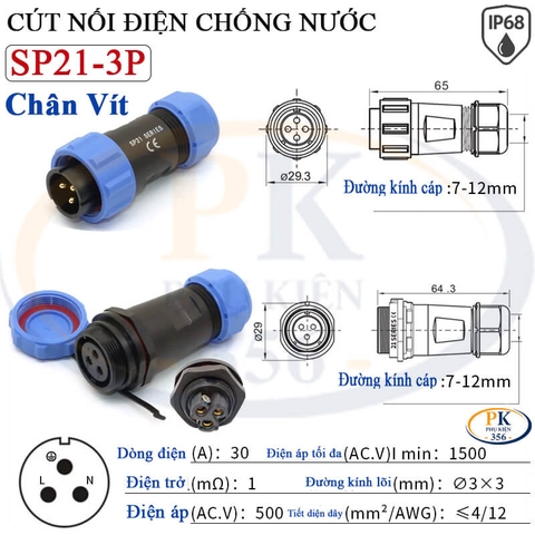 Đầu Nối Điện Chống Nước Âm Dương SP21 Chuẩn IP68 2 Đến 12 Lõi Bắt Vít Dùng Cho Dây 7 Đến 12mm