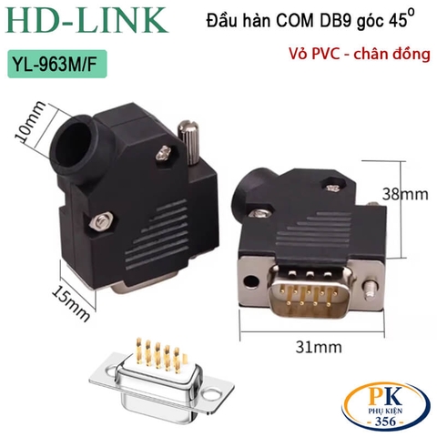 Đầu Jack Hàn COM DB9 Bẻ Góc 45 Độ Chân Đồng Vỏ Ốp Nhựa HD-Link YL-963M/F Cao Cấp