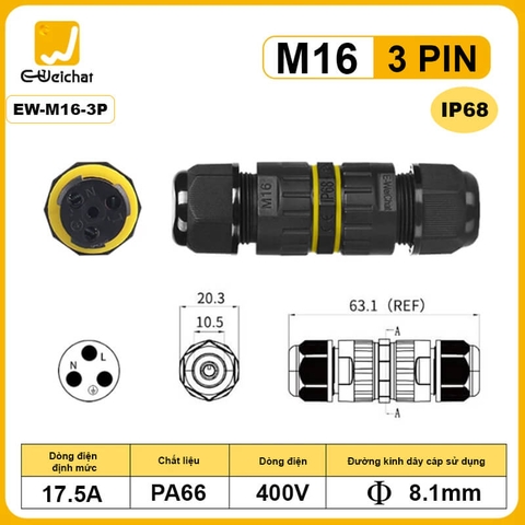 Đầu Cút Nối Dây Điện Chống Nước IP68 Eweichat EW-M16 Cho Dây Ø 8.5mm