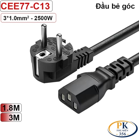 Cáp nguồn máy tính C13 EU CEE 7/7 Schuko bẻ góc lõi đồng 3x1.0mm² dài 1.8m – 3m | An toàn – Bền bỉ