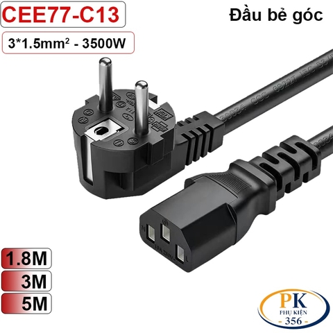 Cáp nguồn máy tính C13 EU CEE 7/7 Schuko bẻ góc lõi đồng 3x1.5mm² dài 1.8m – 10m | An toàn – Bền bỉ