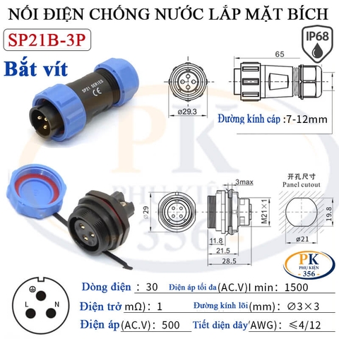 Đầu Nối Điện Chống Nước Lắp Mặt Bích SP21B Chuẩn IP68 2 Đến 12 Lõi Bắt Vít Dùng Cho Dây 7 Đến 12mm