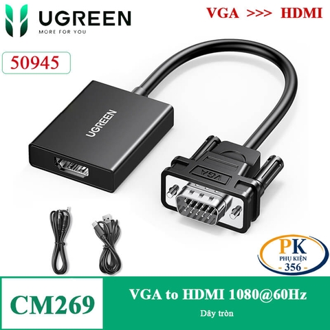 Cáp chuyển VGA audio sang HDMI full HD CM269 chính hãng Ugreen 50945 dài 15CM