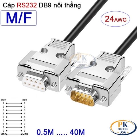 Dây cáp RS232 DB9 nối thẳng 2 đầu đực - cái male - female 24AWG vỏ thép cao cấp dài 0.5M-40M