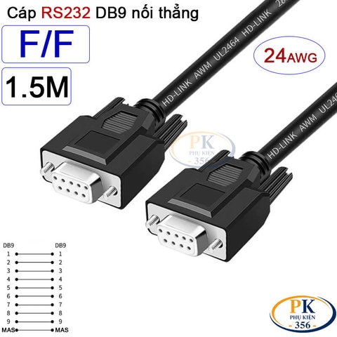 Dây cáp RS232 DB9 nối thẳng 2 đầu cái female - female 24AWG vỏ PVC cao cấp dài 0.5M-40M