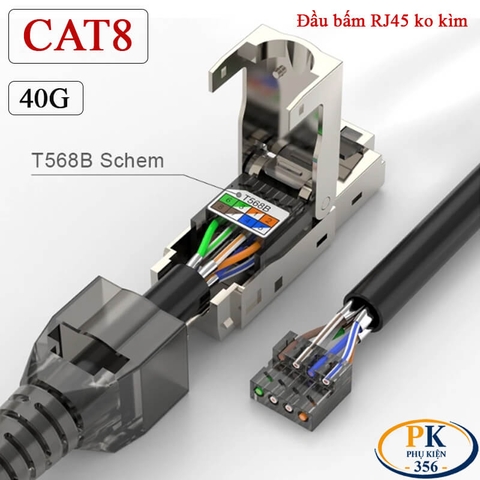 Đầu Bấm Mạng RJ45 Cat8 Tool Free Không Cần Kìm, Vỏ Kim Loại Chống Nhiễu 40Gbps/2000MHz chuẩn công nghiệp