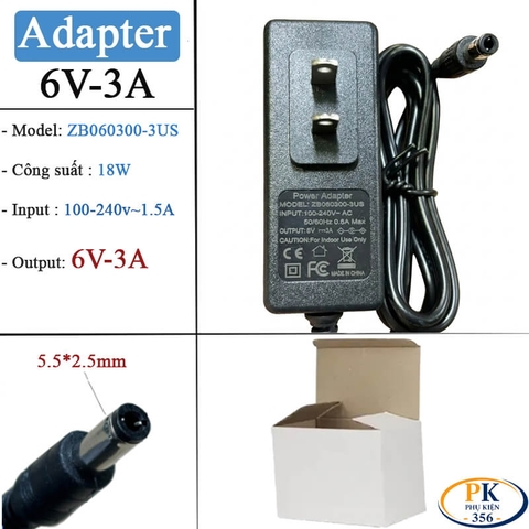 Củ nguồn DC Adapter 6V-3A 18W chân cắm tròn 5.5*2.5mm ZB060300-3US