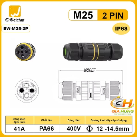 Đầu Cút Nối Dây Điện Chống Nước IP68 Eweichat EW-M25 Cho Dây 2–5 Lõi Ø10mm
