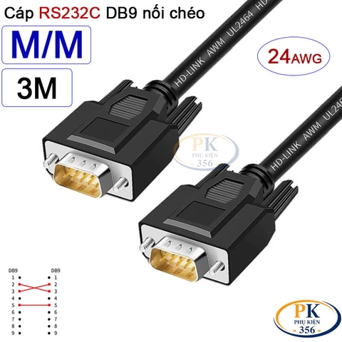 Dây cáp RS232C DB9 nối chéo 2 đầu đực male - male Null Modem 24AWG vỏ PVC cao cấp 0.5M-40M