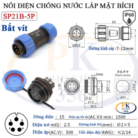 Đầu Nối Điện Chống Nước Lắp Mặt Bích SP21B Chuẩn IP68 2 Đến 12 Lõi Bắt Vít Dùng Cho Dây 7 Đến 12mm