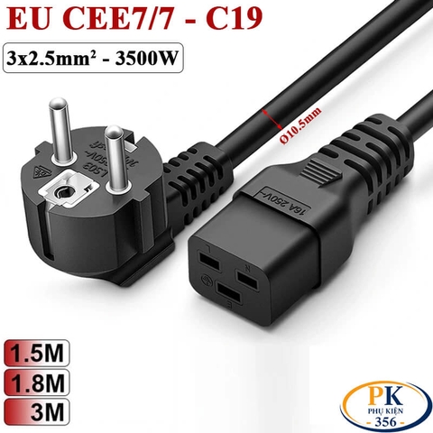 Dây cáp nguồn C19 IEC320 lõi đồng CEE 7/7 3×2.5mm² 16A 250V bẻ góc OD 10.5mm