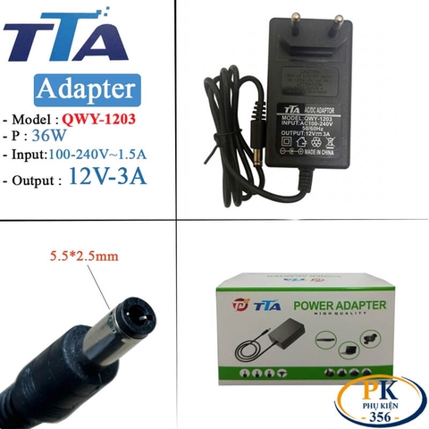 Nguồn Adapter 12V-3A 36W chân 5.5 x 2.5mm chính hãng TTA QWY-1203