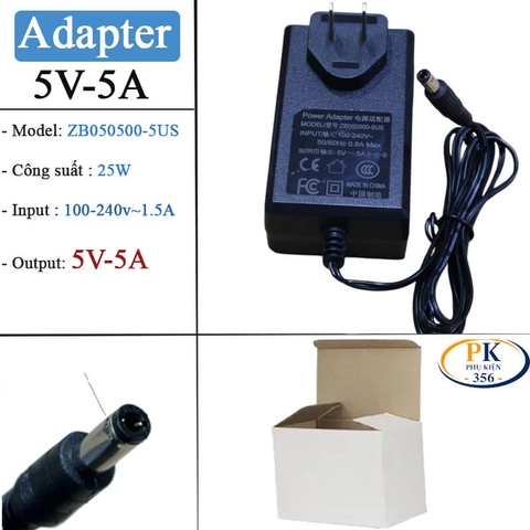 Bộ Nguồn DC Adapter 5V-5A ZB050500-5US – Jack DC 5.5×2.5mm, Dây 1.5M