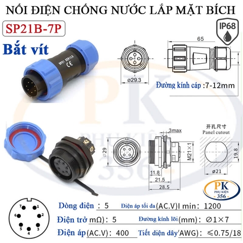 Đầu Nối Điện Chống Nước Lắp Mặt Bích SP21B Chuẩn IP68 2 Đến 12 Lõi Bắt Vít Dùng Cho Dây 7 Đến 12mm
