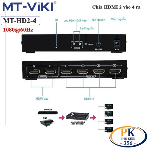 Bộ chia HDMI 2 vào 4 ra Full HD 1080P có điều khiển MT-VIKI MT-HD2-4 - Switch HDMI 2 ra 4