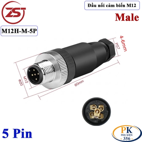 Đầu Nối Cảm Biến M12 5 pin thẳng đực chống nước IP67 M12H-M-5P chính hãng ZSJ