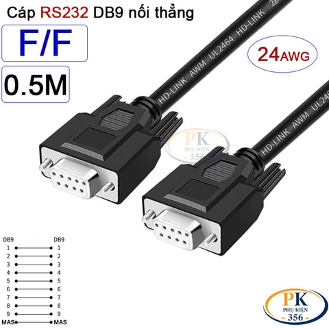 Dây cáp RS232 DB9 nối thẳng 2 đầu cái female - female 24AWG vỏ PVC cao cấp dài 0.5M-40M