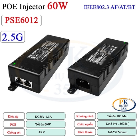 Nguồn POE Injector 60W Gigabit 1G KM-Etech PSE6011 chuẩn IEEE 802.3af/at/bt chống sét 4KV