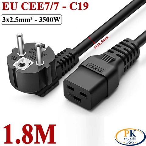 Dây cáp nguồn C19 IEC320 lõi đồng CEE 7/7 3×2.5mm² 16A 250V bẻ góc OD 10.5mm