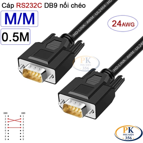Dây cáp RS232C DB9 nối chéo 2 đầu đực male - male Null Modem 24AWG vỏ PVC cao cấp 0.5M-40M