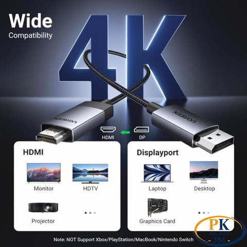 Dây cáp chuyển Displayport sang HDMI 2.0 4K@60Hz DP119 chính hãng Ugreen dài 1M 2M 15773 15774