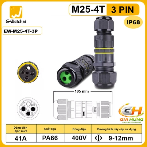 Đầu Nối Chia Dây Điện 1 Vào 3 Ra Chống Nước IP68 Eweichat EW-M25-4T