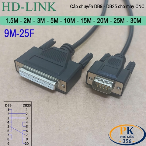 Cáp chuyển DB9 đực sang DB25 cái cho máy CNC Mazak, Makino, Akira, Moriseiki, YCM DB9M to DB25F dài 1M đến 30M