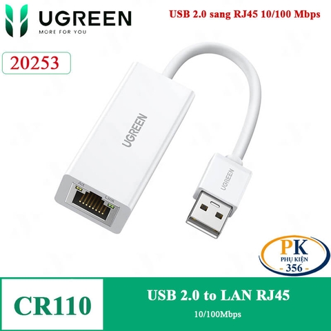 Cáp Chuyển USB 2.0 to LAN 10/100Mbps Ugreen 20254 CR110 Chipset AX88772A (Màu Đen) 20253 màu trắng