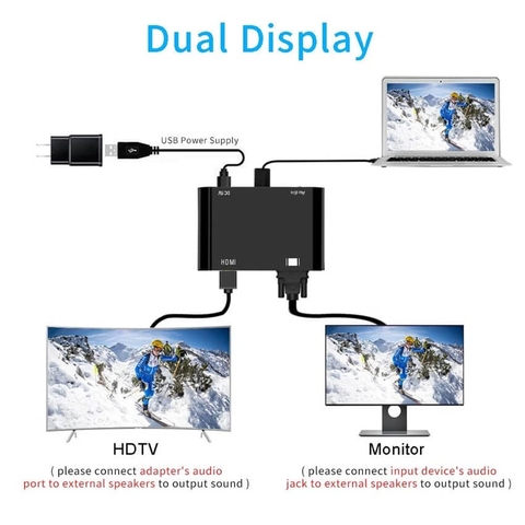 Cáp Chuyển Đổi VGA Sang HDMI Và VGA Dài 25cm Full HD 1080P – Có USB Cấp Nguồn, Xuất 2 Màn Hình Đồng Thời