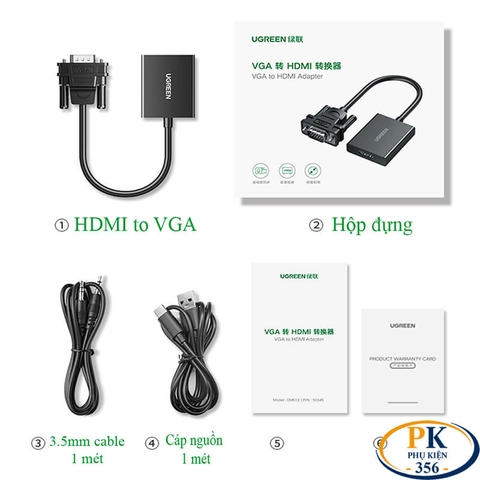 Cáp chuyển VGA audio sang HDMI full HD CM269 chính hãng Ugreen 50945 dài 15CM