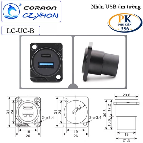 Nhân nối 2 cổng USB 3.0 type C âm tường lắp mặt máy Coraon LC-UC-B, LC-UC-W
