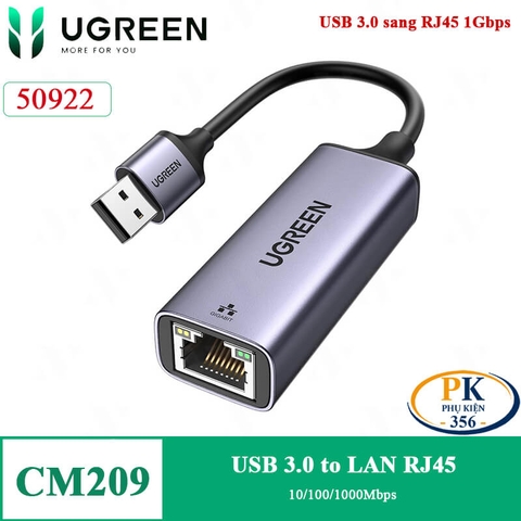Cáp Chuyển USB 3.0 to LAN Gigabit 1Gbps Ugreen 50922 CM209 Chipset AX88179 Vỏ Nhôm Màu Ghi