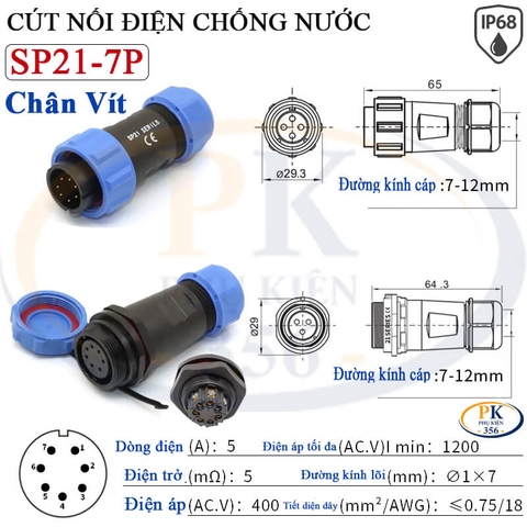 Đầu Nối Điện Chống Nước Âm Dương SP21 Chuẩn IP68 2 Đến 12 Lõi Bắt Vít Dùng Cho Dây 7 Đến 12mm