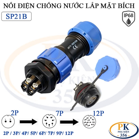 Đầu Nối Điện Chống Nước Lắp Mặt Bích SP21B Chuẩn IP68 2 Đến 12 Lõi Bắt Vít Dùng Cho Dây 7 Đến 12mm