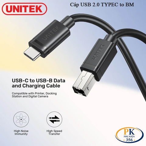 Dây Cáp Máy In USB 2.0 Type-C Sang USB Type-B Unitek C4088BK – Dùng Cho Máy In, Sound Card, MIDI