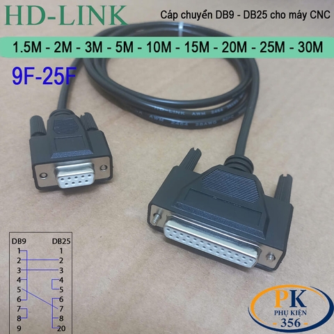 Cáp chuyển DB9 cái sang DB25 cái cho máy CNC Mazak, Makino, Akira, Moriseiki, YCM DB9F to DB25F dài 1M đến 30M