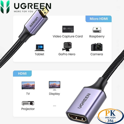 Cáp chuyển Micro HDMI sang HDMI 2.0 4K@60Hz chính hãng Ugreen 10553 dài 15Cm cao cấp