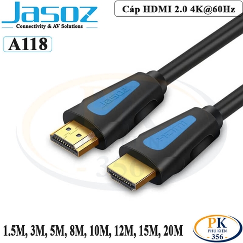 Dây cáp HDMI 2.0 Jasoz A118 4K@60Hz dài 1.5M-20M Dùng Cho Tivi, Máy chiếu - Hàng Chính Hãng