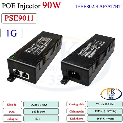 Nguồn POE Injector 90W Gigabit 1G KM-Etech PSE9011 chuẩn IEEE 802.3af/at/bt chống sét 4KV