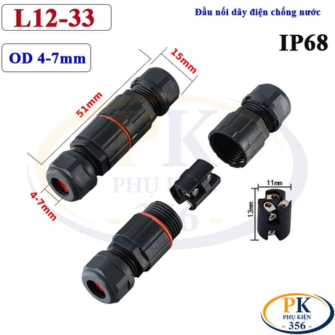 Đầu Cút Nối Dây Điện Chống Nước IP68 loại nhỏ 3 lõi L12-33 Ø4-7mm