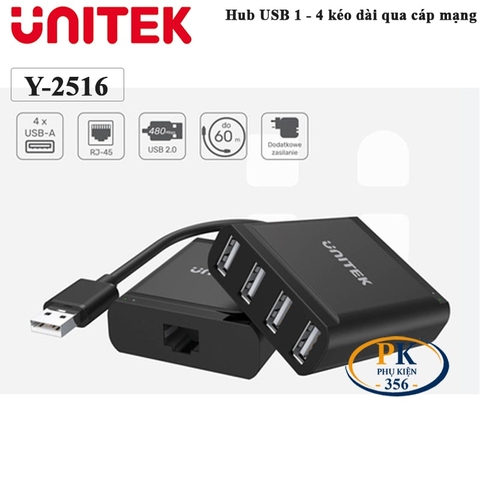 Bộ chia USB 1 ra 4 kéo dài 60M qua cáp mạng Unitek Y-2516