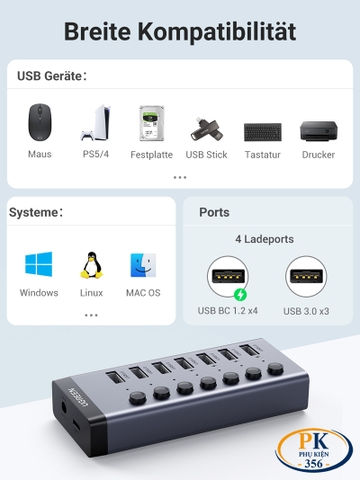 Bộ chia USB 3.0 7 cổng có công tắc và nguồn 12v Ugreen 90307 Cm481
