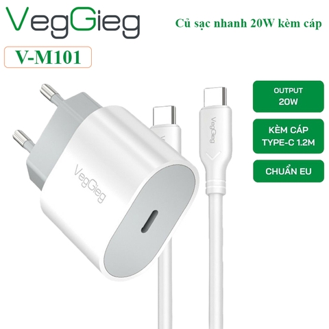 Bộ Củ sạc nhanh 20W kèm cáp 2 đầu type C dài 1.2M Veggieg V-M101