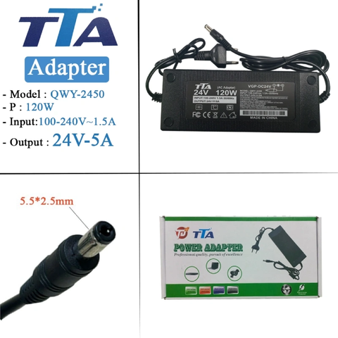 Bộ nguồn Adapter 24V-5A 120W chân 5.5 x 2.5mm chính hãng TTA QWY-2450