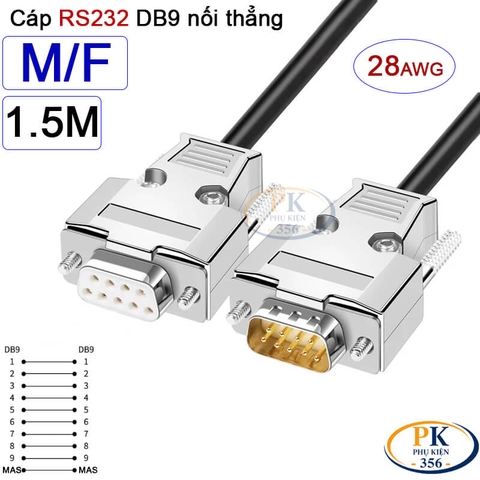 Dây cáp RS232 DB9 nối thẳng 2 đầu đực - cái male - female 28AWG vỏ thép cao cấp dài 0.5M-40M