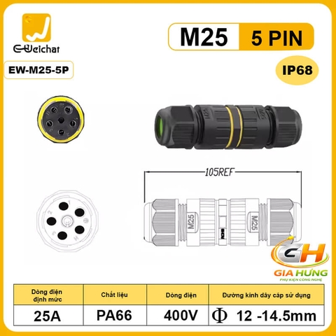 Đầu Cút Nối Dây Điện Chống Nước IP68 Eweichat EW-M25 Cho Dây 2–5 Lõi Ø10mm