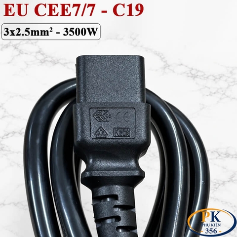 Dây cáp nguồn C19 IEC320 lõi đồng CEE 7/7 3×2.5mm² 16A 250V bẻ góc OD 10.5mm
