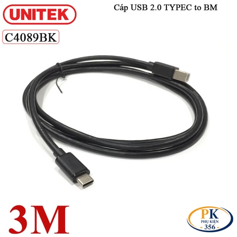 Dây Cáp Máy In USB 2.0 Type-C Sang USB Type-B Unitek C4089BK - 3M– Dùng Cho Máy In, Sound Card, MIDI