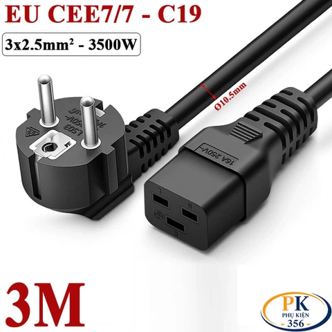 Dây cáp nguồn C19 IEC320 lõi đồng CEE 7/7 3×2.5mm² 16A 250V bẻ góc OD 10.5mm